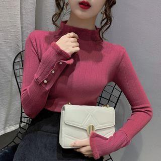 Mock-neck Fluffy Trim Knit Top