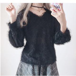 V-neck Furry Trim Long-sleeve Knit Top