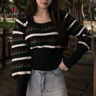 Floral Print Cropped Sweater Red Floral - Black - One Size