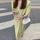Set: Elbow-sleeve Blazer + Maxi Pencil Skirt
