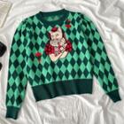 Cartoon Embroidered Argyle Cropped Sweater Green - One Size