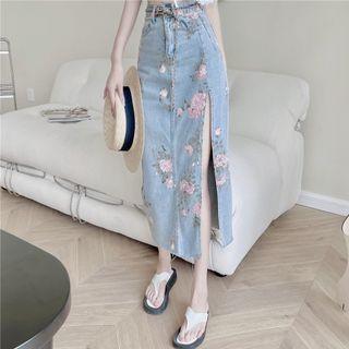 Floral Denim Midi Pencil Skirt