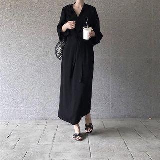 Long Sleeve V-neck Shirt Dress Black - One Size