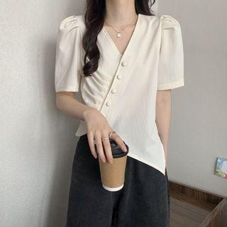 Elbow-sleeve V-neck Asymmetrical Top