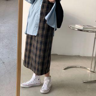 Plaid Slit-back Midi A-line Skirt