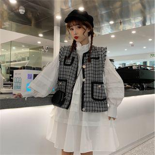 Frill Trim Puff-sleeve Dress / Plaid Sleeveless Jacket