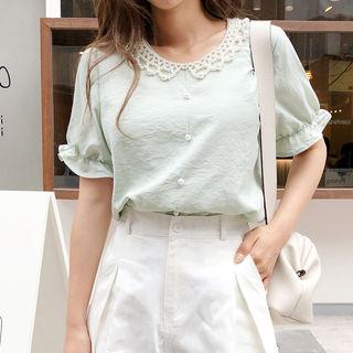 Faux-pearl Trim Blouse Mint Green - One Size