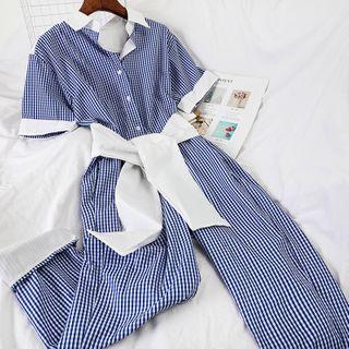 Gingham Cropped Short-sleeve Jumpsuit