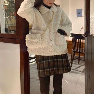Set: Faux Shearling Buttoned Jacket + Crossbody Bag Jacket & Bag - One Size