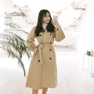 V-neck Double-breasted Trench Coat With Sash