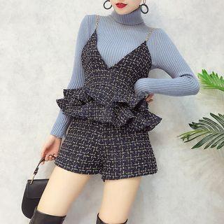 Set: Turtleneck Knit Top + Spaghetti Strap Tweed Top + Tweed Shorts