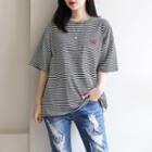 Heart-embroidered Cotton Stripe T-shirt