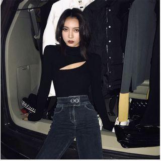 Mock Turtleneck Cutout Knit Top Black - One Size