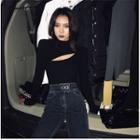 Mock Turtleneck Cutout Knit Top Black - One Size