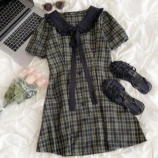 Puff-sleeve Plaid Peter Pan Collar Dress Plaid - One Size