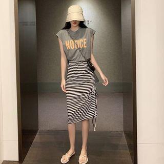 Lettering Sleeveless Top / Striped Midi Skirt