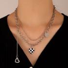 Checker Print Heart Necklace 01 - Black & White & Silver - One Size
