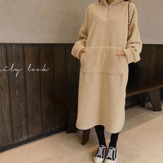 Zip-detail Faux-fur Pullover Dress Beige - One Size
