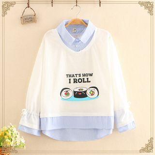 Inset Pinstripe Shirt Sushi Print Pullover