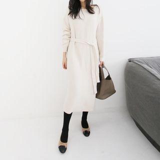 Round-neck Wool Blend Midi Dress With Sash