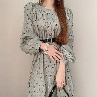Set: Long-sleeve Floral Print Midi Dress + Belt