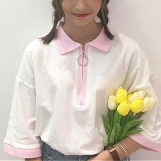Elbow-sleeve Zip-up Polo Shirt White - One Size