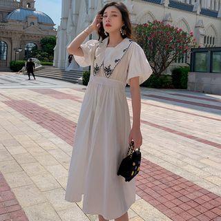 Short-sleeve Floral Embroidered Collar Midi A-line Dress