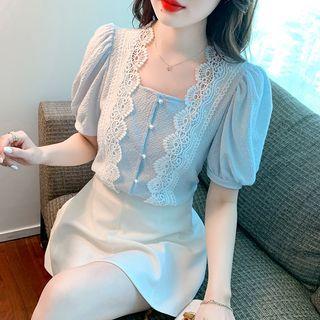 Puff-sleeve Square Neck Lace Panel Top
