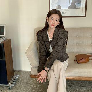 Round-hem Check Cropped Jacket Khaki - One Size