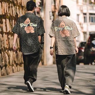 Elbow-sleeve Graphic Print Plaid Shirt