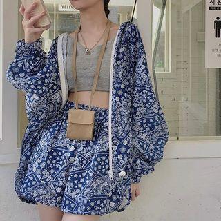 Set: Patterned Zip Jacket + Shorts Set - Jacket - Pattern - Blue - One Size / Shorts -pattern - Blue - One Size
