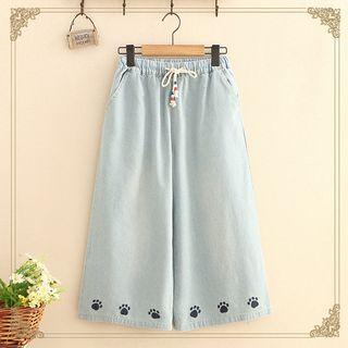 Paw Embroidered Wide Leg Jeans