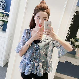 Set: Floral Print Elbow-sleeve Chiffon Blouse + Camisole Top