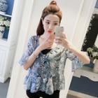 Set: Floral Print Elbow-sleeve Chiffon Blouse + Camisole Top