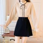 Long-sleeve Lace Trim Chiffon Blouse / A-line Mini Skirt