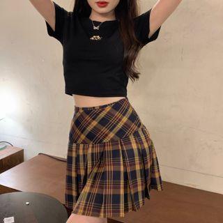 Bear Print Cropped Top + Plaid Pleated Mini Skirt