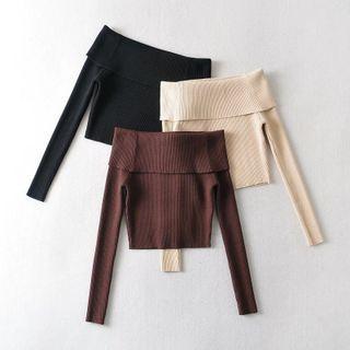 Off Shoulder Plain Ribbed-knit Crop Sweater
