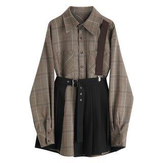 Set: Long Sleeve Plaid Shirtdress + Pleated Wrapped Skirt