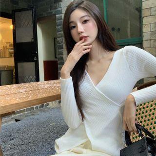 V-neck Plain Split Knit Top / High-waist Plain Straight-cut Pants