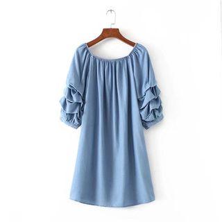Shirred A-line Denim Dress