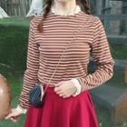 Long-sleeve Lace-trim Striped T-shirt
