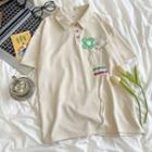 Short-sleeve Polo Collar Waffle Flower Accent T-shirt Almond - One Size