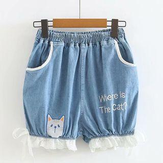 Embroidered Cat Letter Lace Trim Denim Shorts Denim Blue - One Size