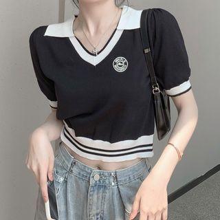 Short-sleeve Logo Cropped Polo Knit Top