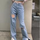Faux Pearl Cutout Loose Fit Jeans