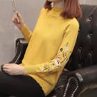 Mock Neck Embroidered Knit Pullover