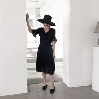 Plain Elbow-sleeve Chiffon A-line Dress