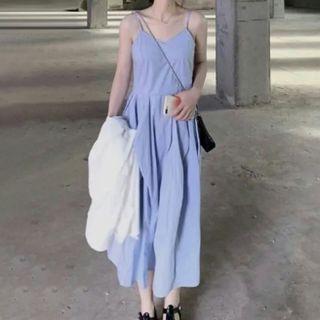 Long-sleeve Plain Sheer Shirt / Spaghetti-strap Plain Dress