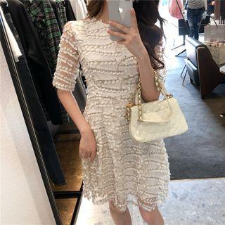 Crew-neck Short-sleeve A-line Dress Floral - Almond - One Size