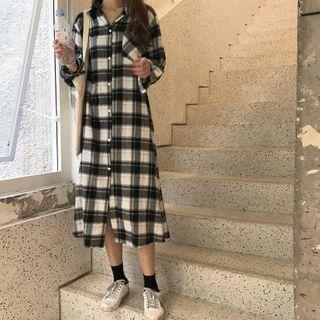 Long-sleeve Plaid Loose-fit Shirtdress Black & White - One Size